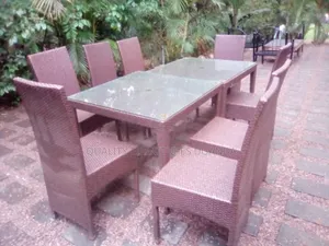8 Seater Pink Rattan Dining Table Set
