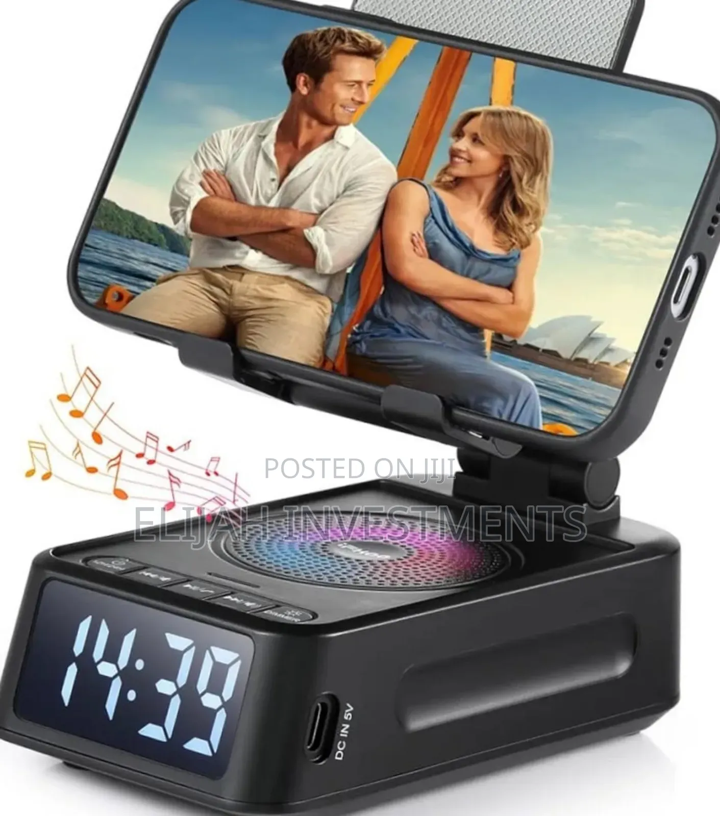 Phone Stand With Wireless Speaker and Alarm Clock.