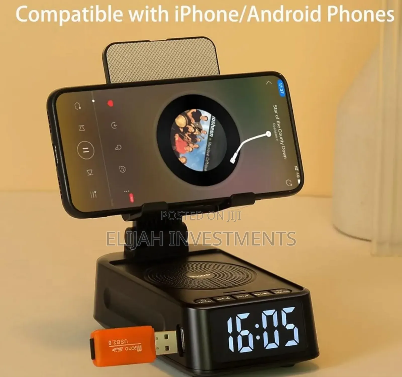 Phone Stand With Wireless Speaker and Alarm Clock.