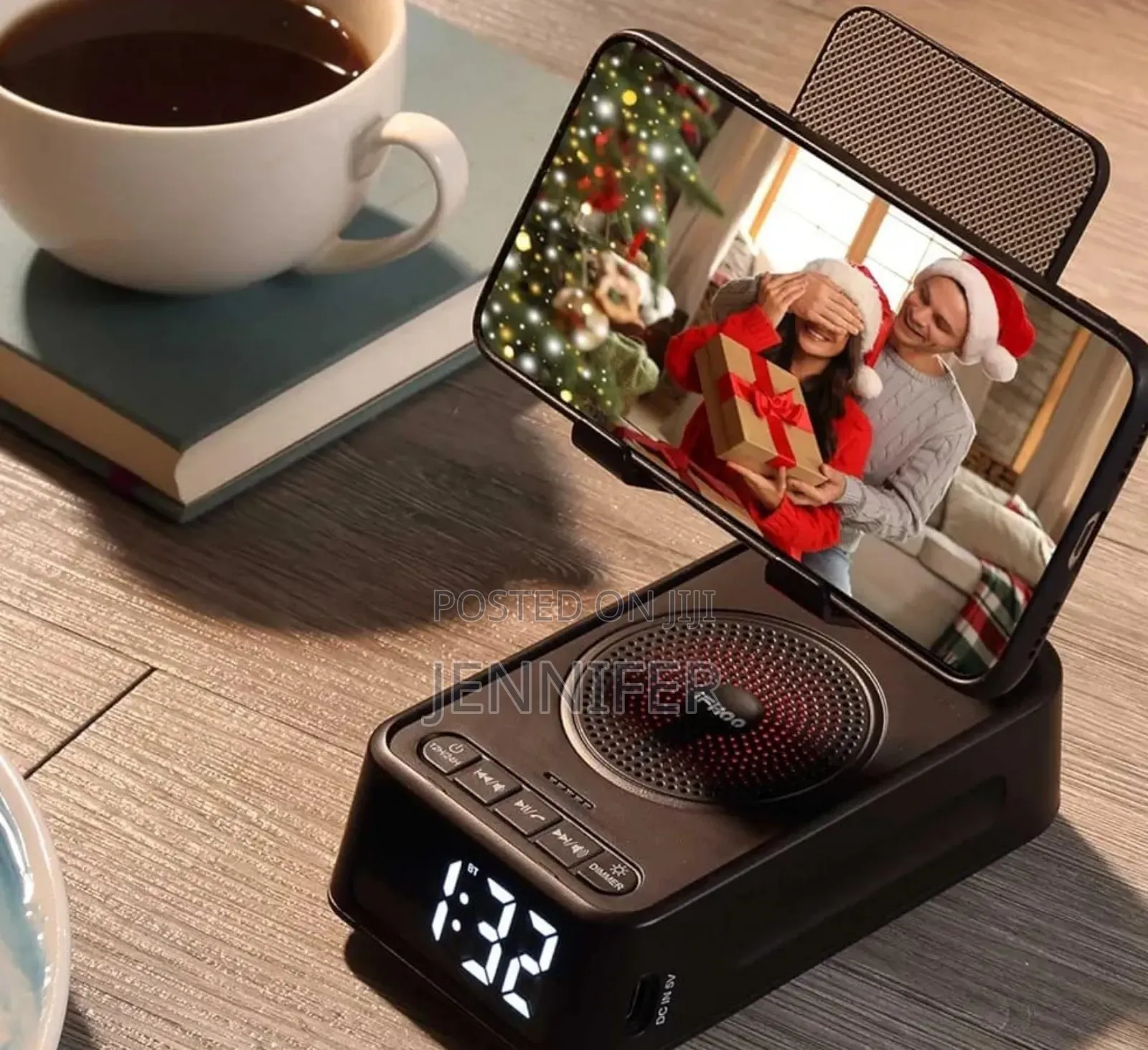 Phone Stand With Wireless Speaker and Alarm Clock.