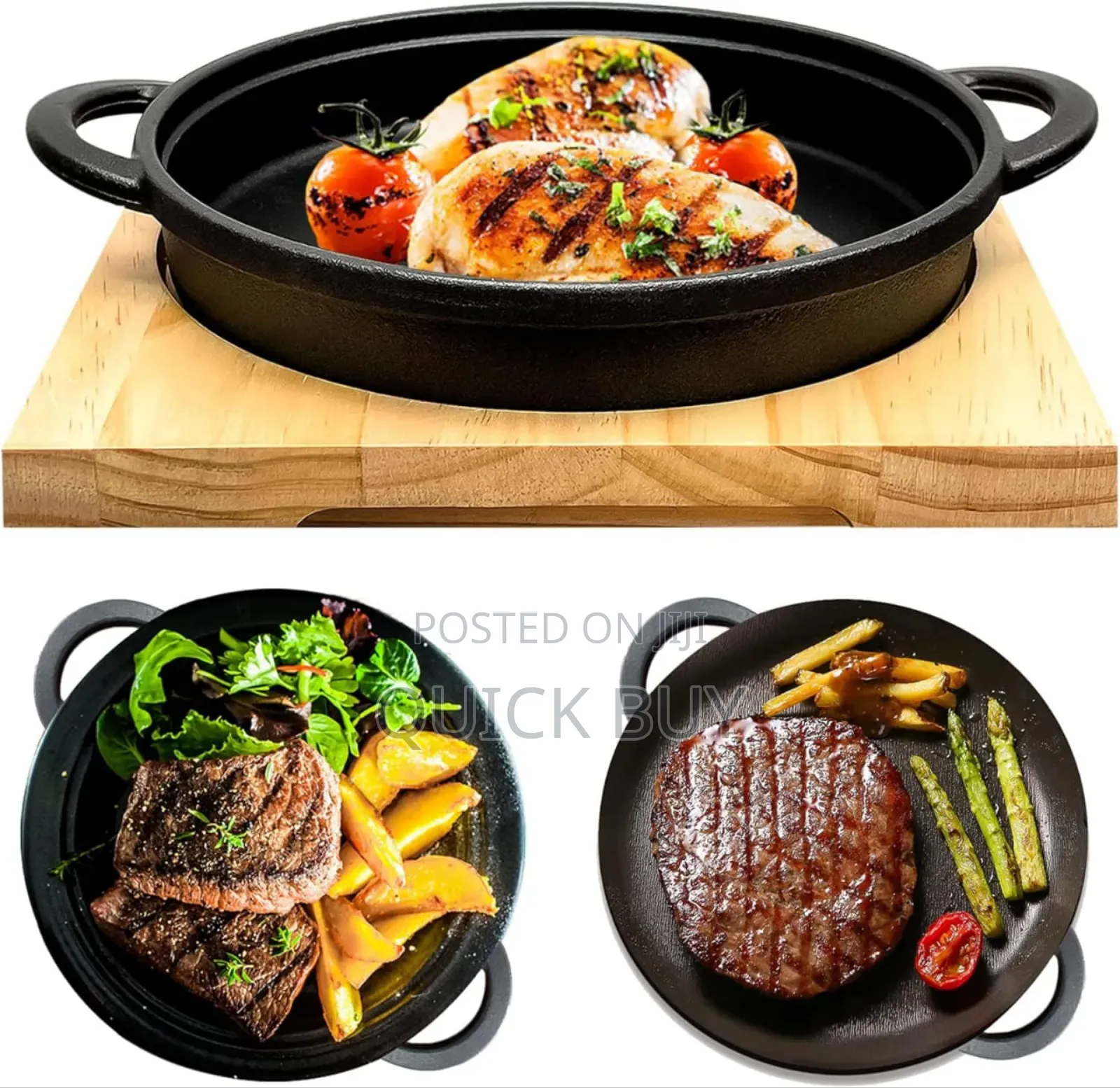 Cast Iron Sizzler Pan With a Wooden Serving Board.