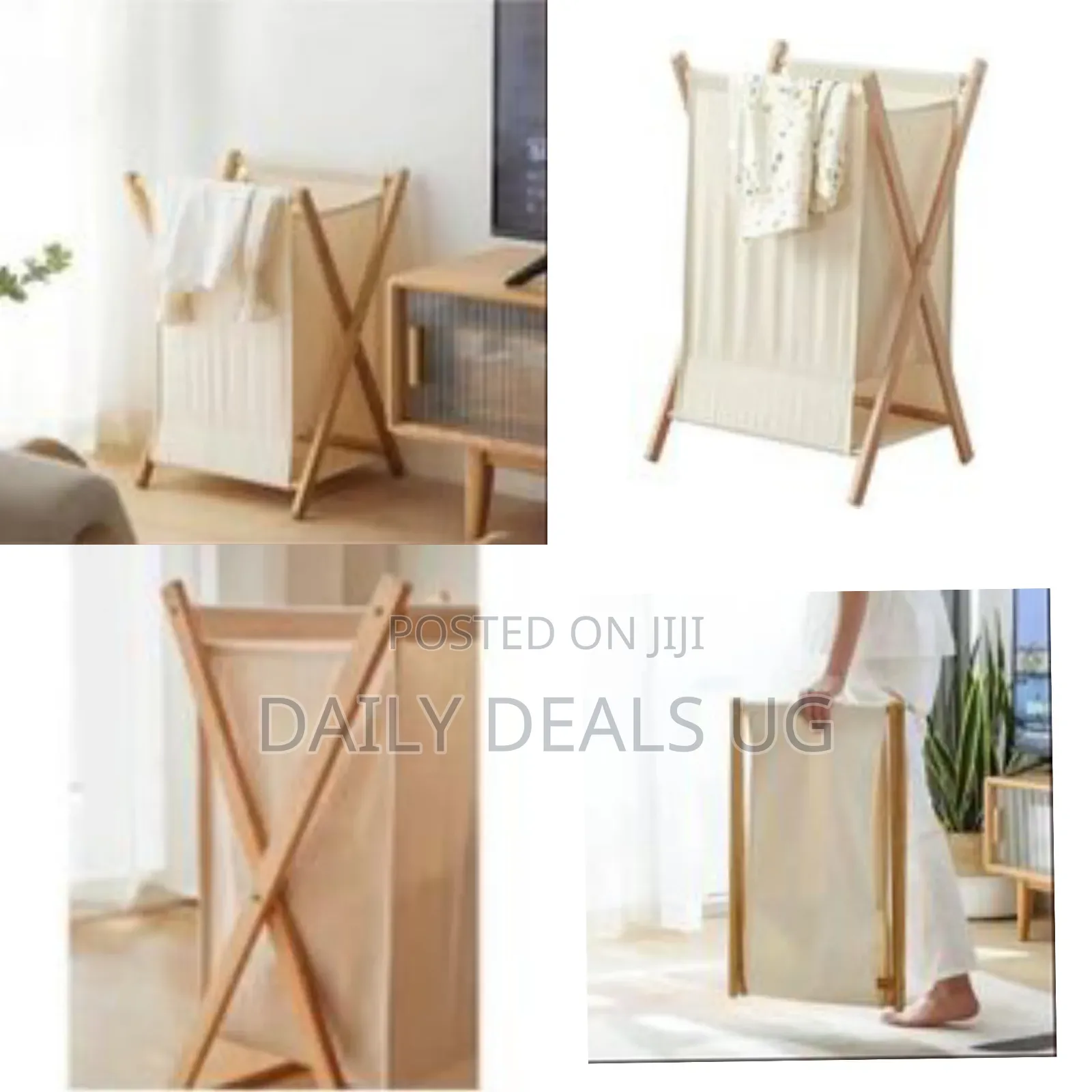 Foldable Clothes Laundry Basket Bag With Wooden Stand Storage Bin