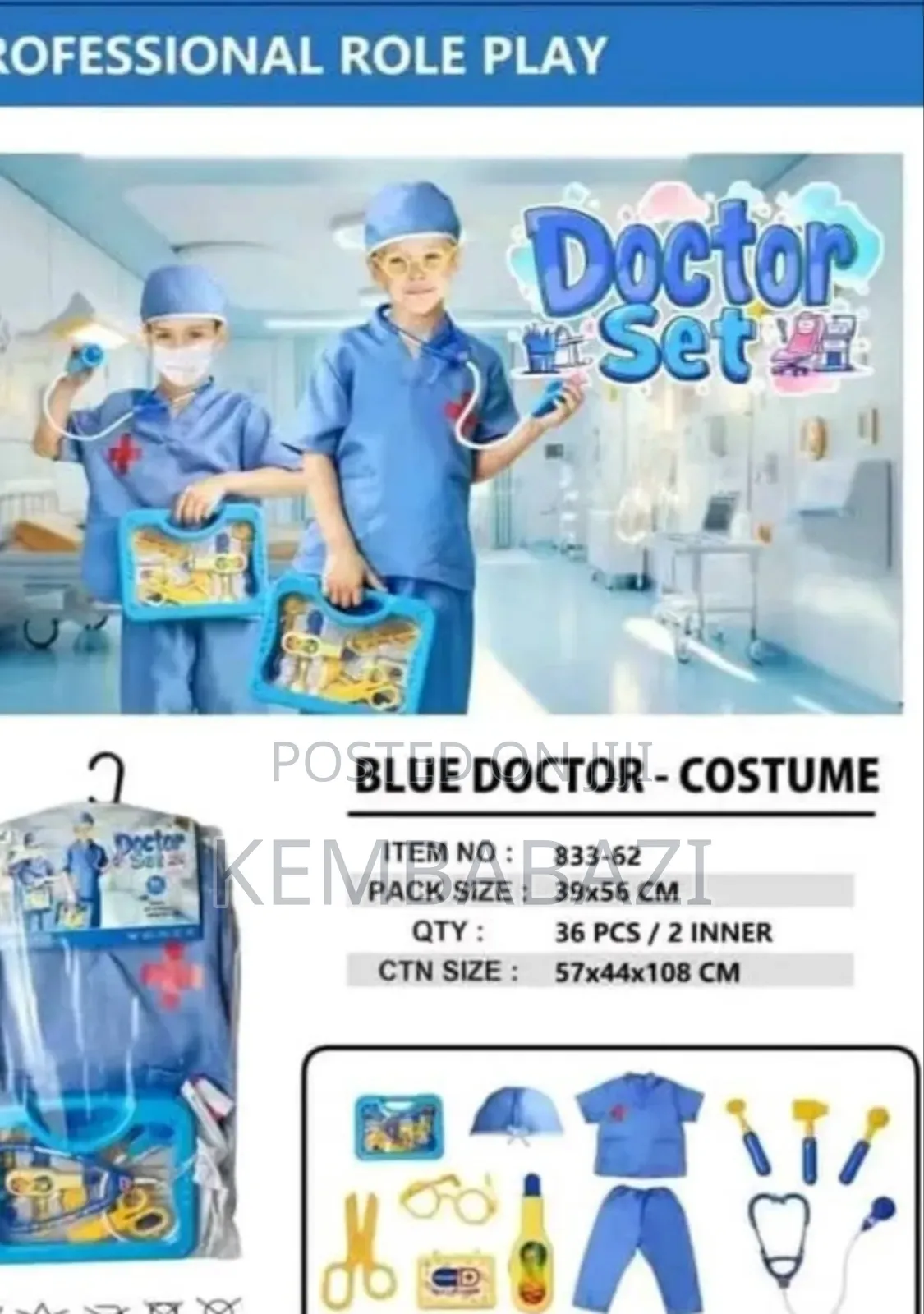 36 Pieces Nurse Doctor's Kid's Play Blue Costume