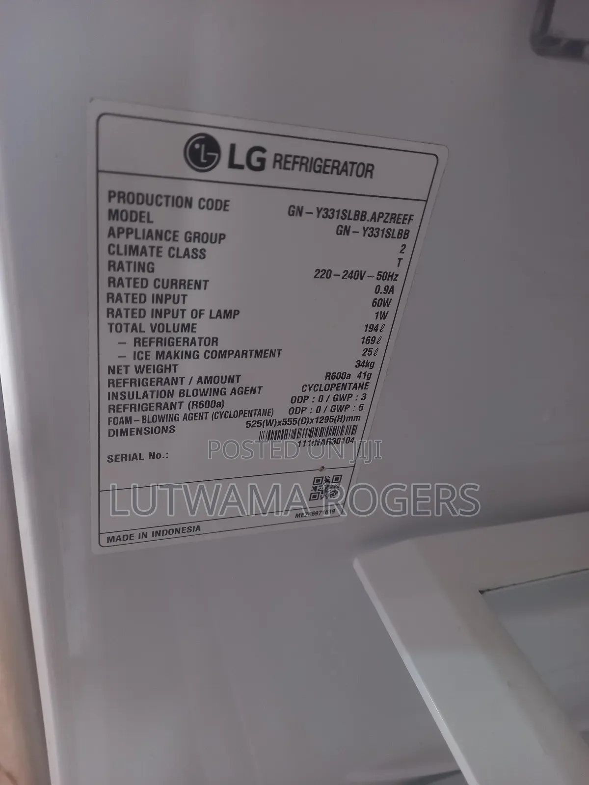 Lg Single Door Fridge 331ltrs