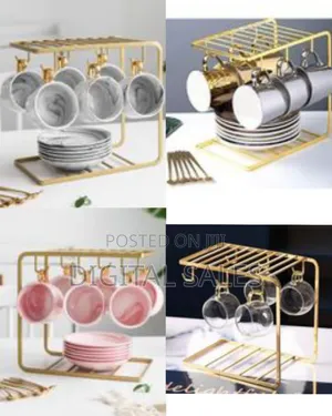 6 Tea Coffee Cups and Saucers Stand Rack Organizer Gift Set- Gold
