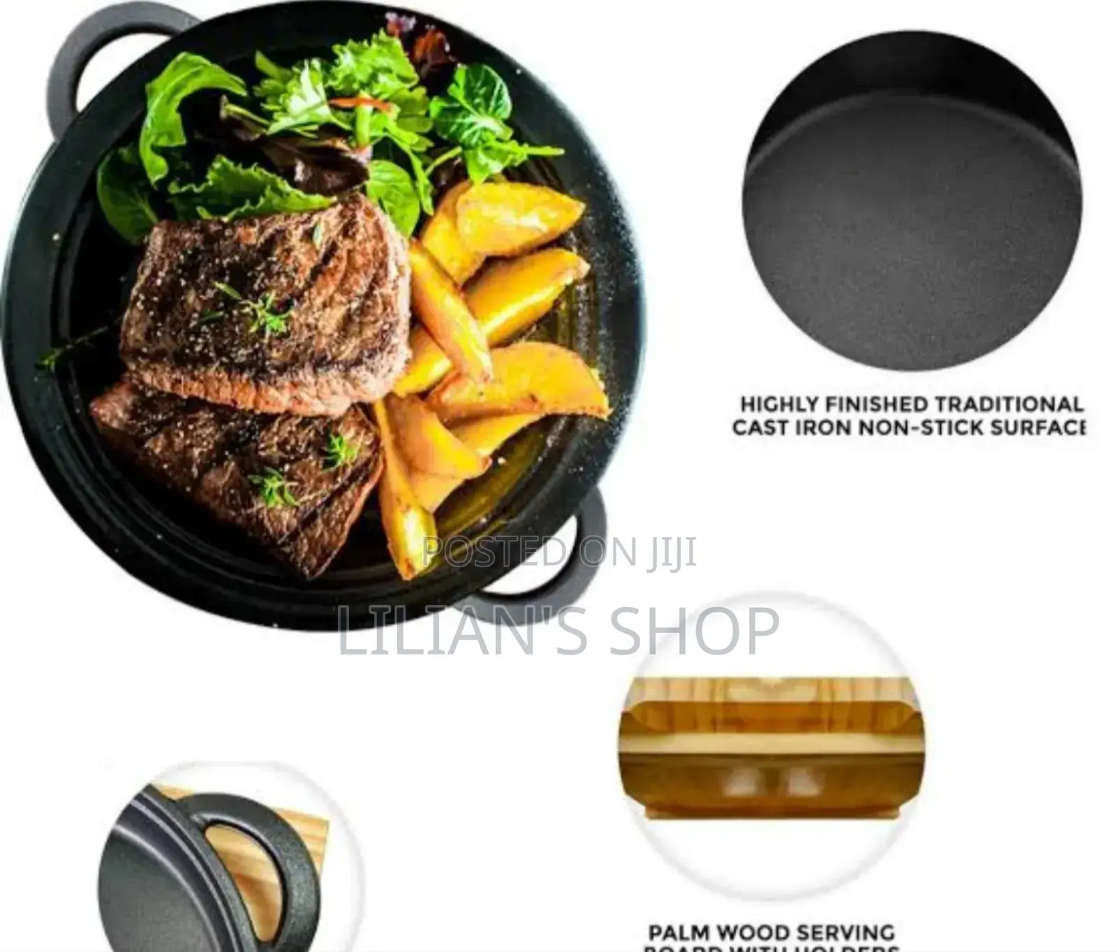 Cast Iron Sizzler Pan With A Wooden Serving Board