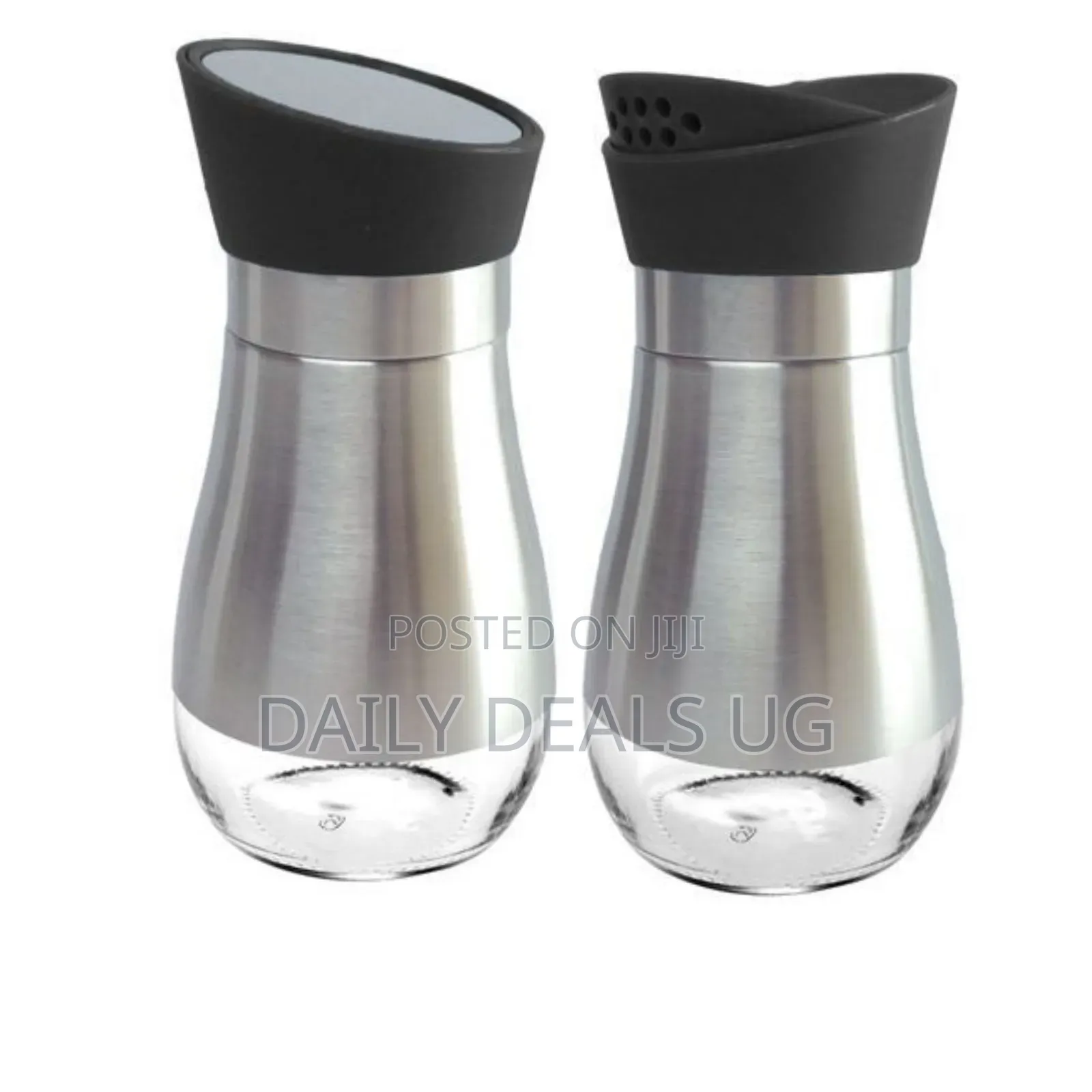 2 Pc Steel and Glass Rotating Pepper and Salt Shaker Set-Black