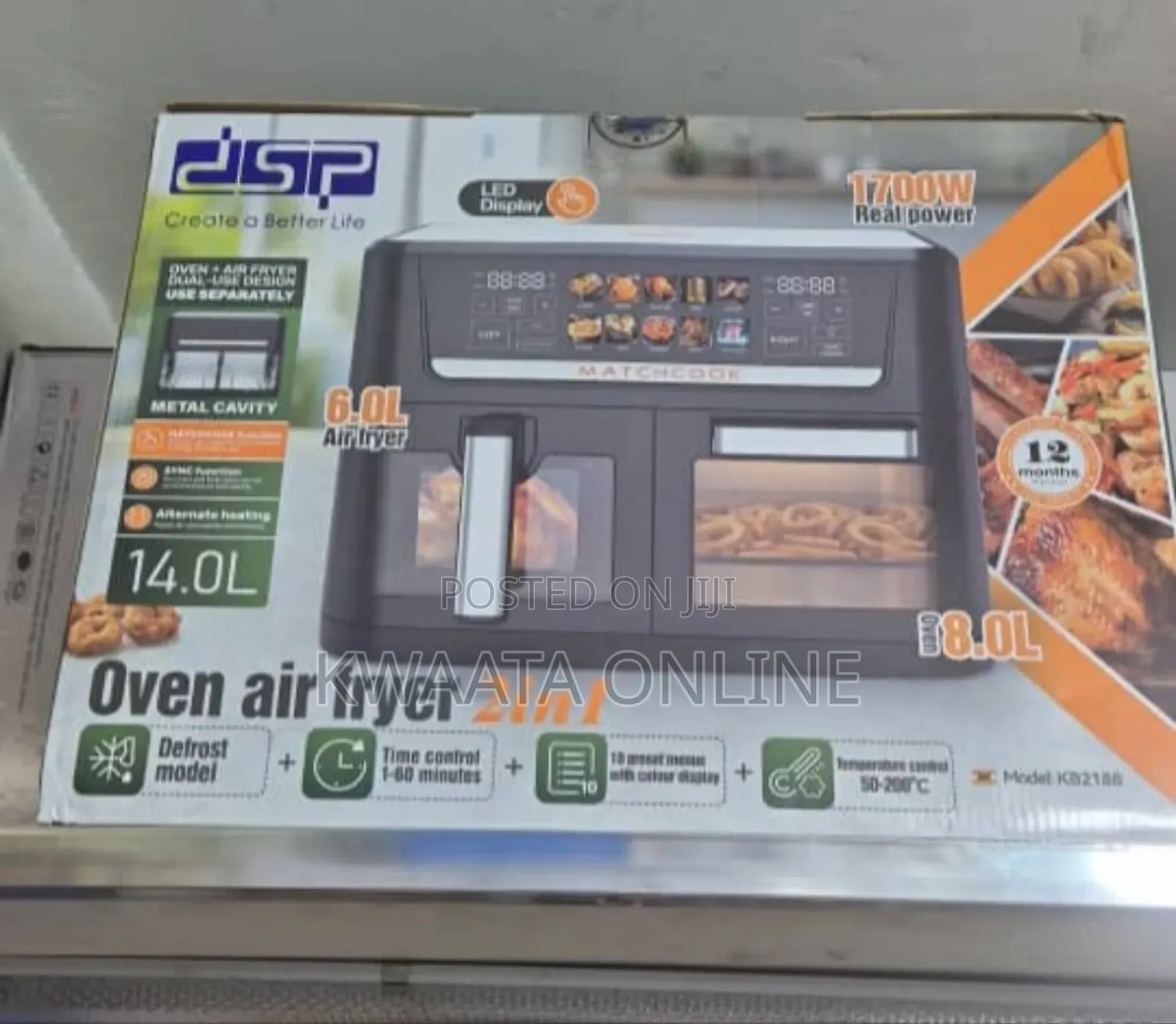 DSP Kb2188 Dual Zone 14l Air Fryer Oven –Led Touch, 1700w Power