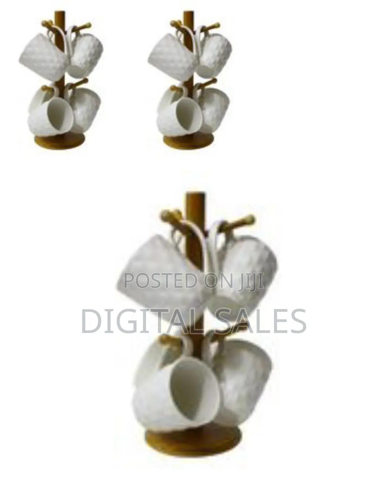 6pc Tea Cups on a Branch Wooden Stand - White,Brown
