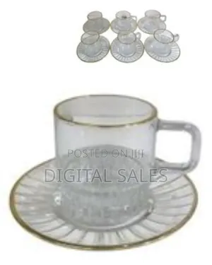 6 Pieces of Gold Line Glass Tea Coffee Cups Mugs and 6 Saucers