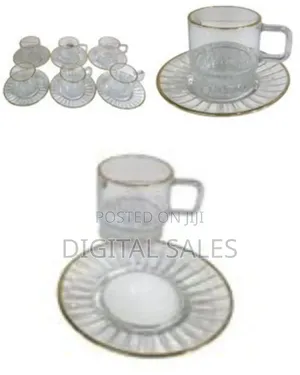 6 Pieces of Gold Line Glass Tea Coffee Cups Mugs and 6 Saucers