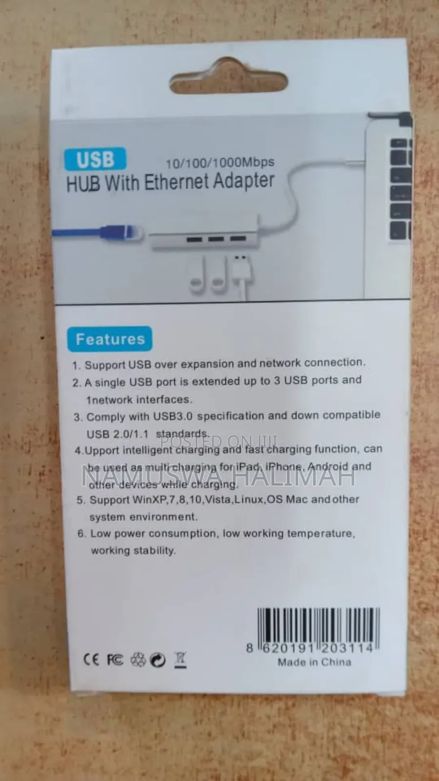 3-Port Usb Hub With an Ethernet Adapter