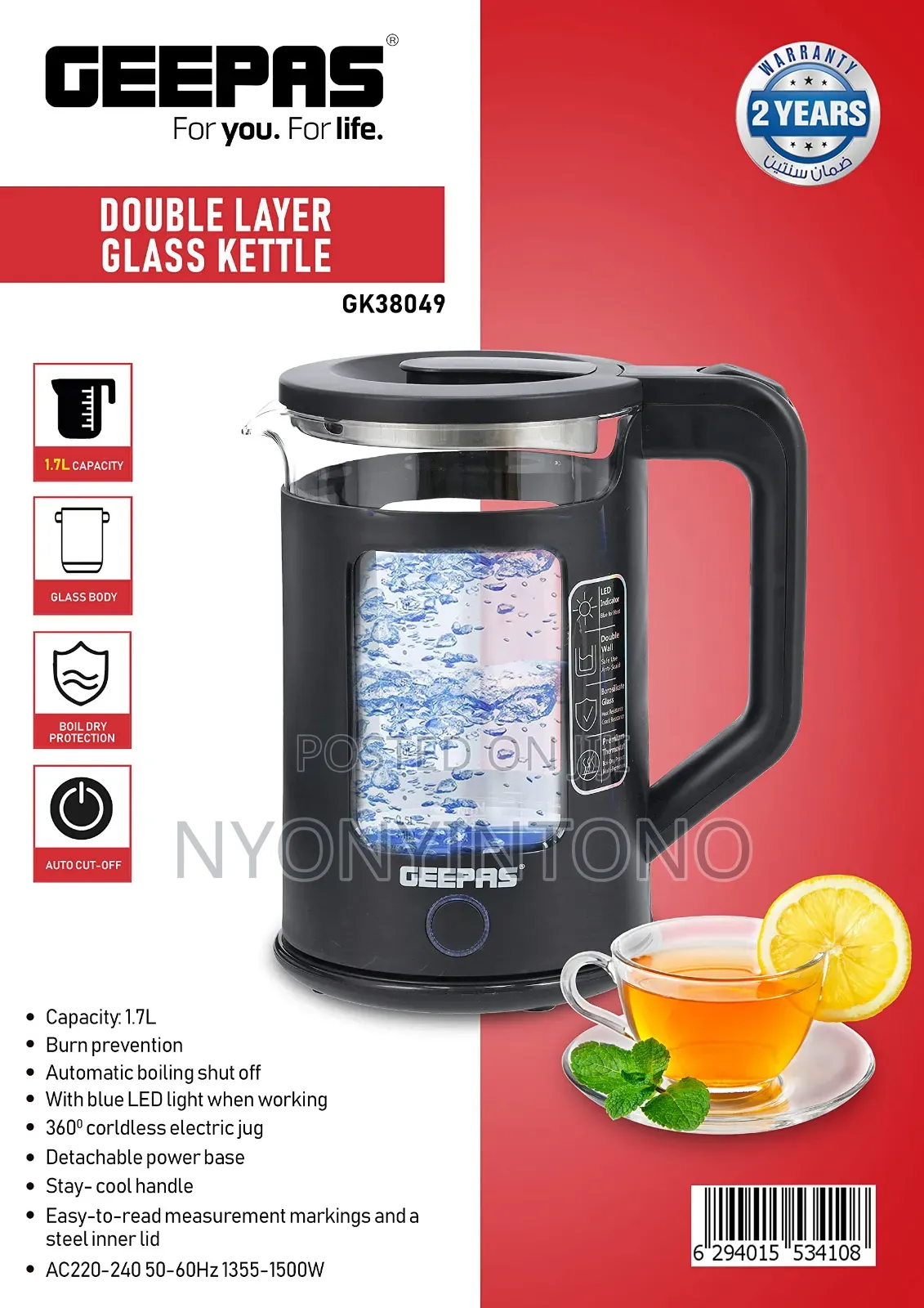 Geepas 1.8l Automatic Glass Kettle Gk-38049
