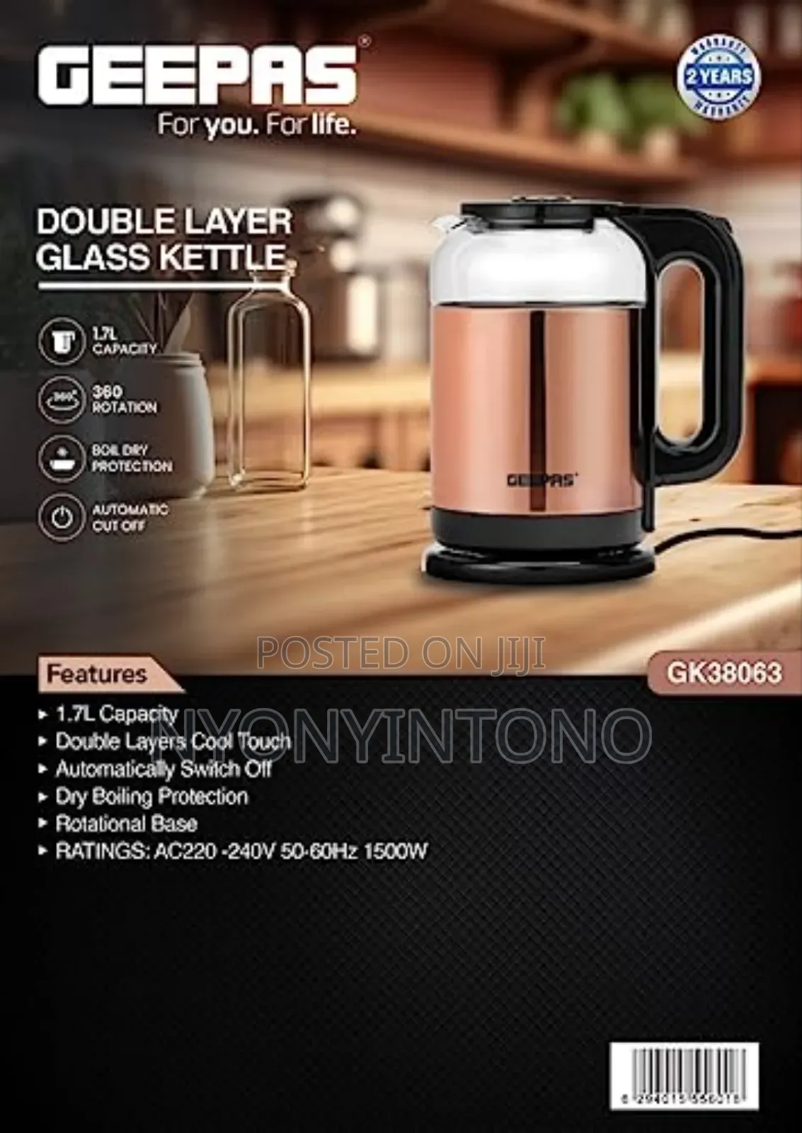 Geepas 1.7l Glass Automatic Cordless Electric Kettle Gk-38063