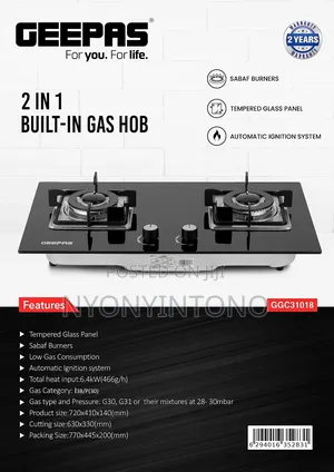 Geepas 2-in-1 Inbuilt Gas Hobb With Tempred Glass Top Ggc31018