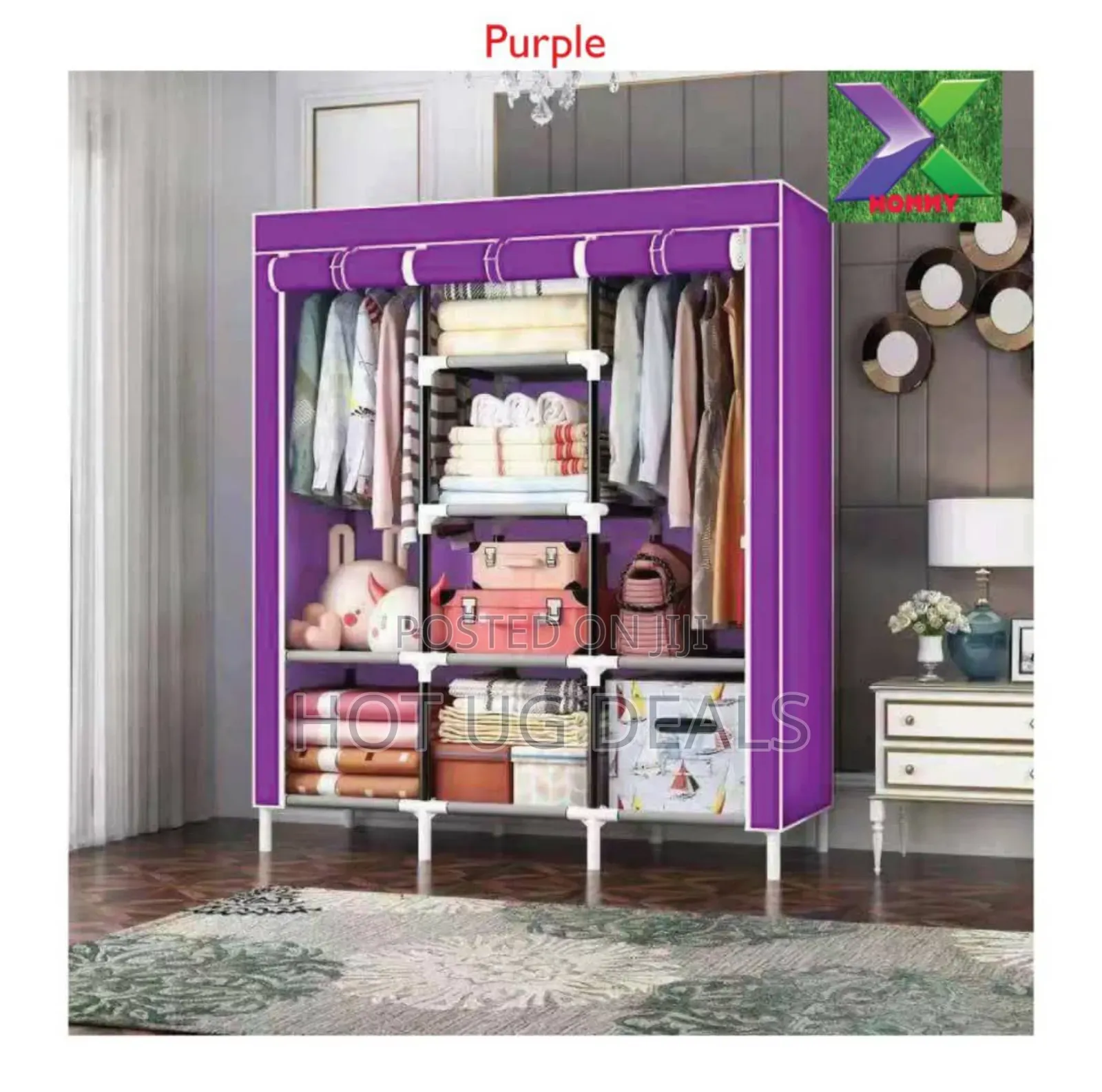 3 Column Cloth & Metallic Frame Portable Wardrobe-multicolour