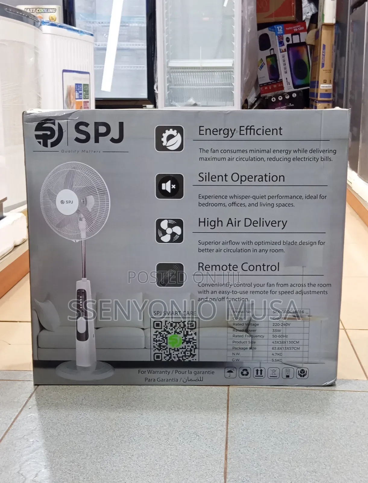 SPJ 16-Inch Rechargeable Stand Fan – 35w Energy Efficient, Remote.