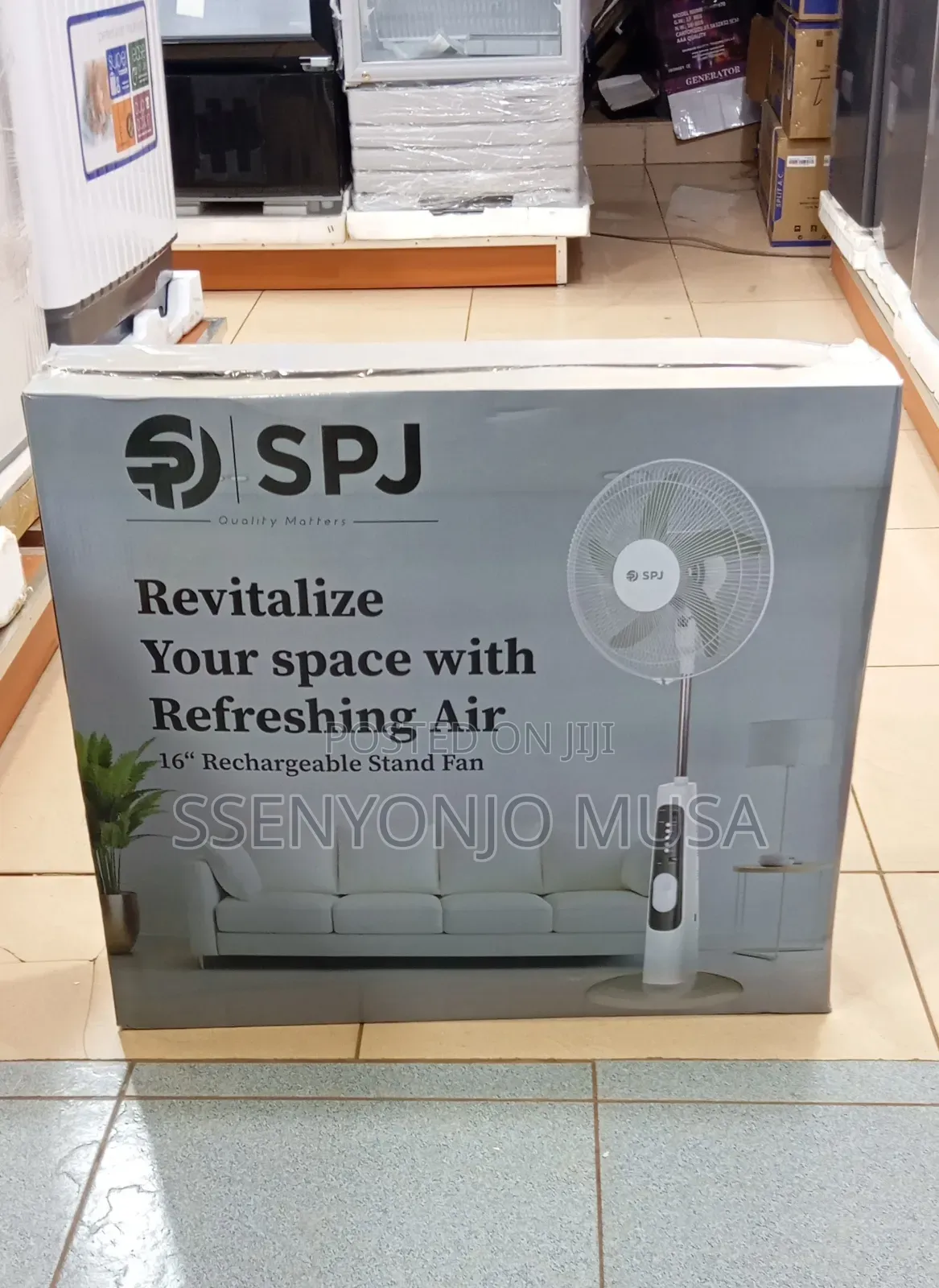 SPJ 16-Inch Rechargeable Stand Fan – 35w Energy Efficient, Remote.