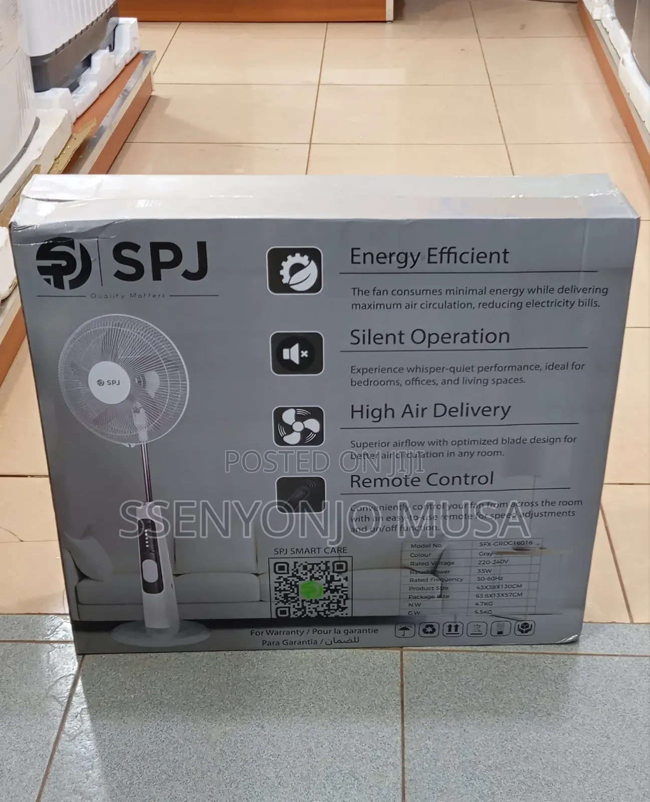 SPJ 16-Inch Rechargeable Stand Fan – 35w Energy Efficient, Remote.