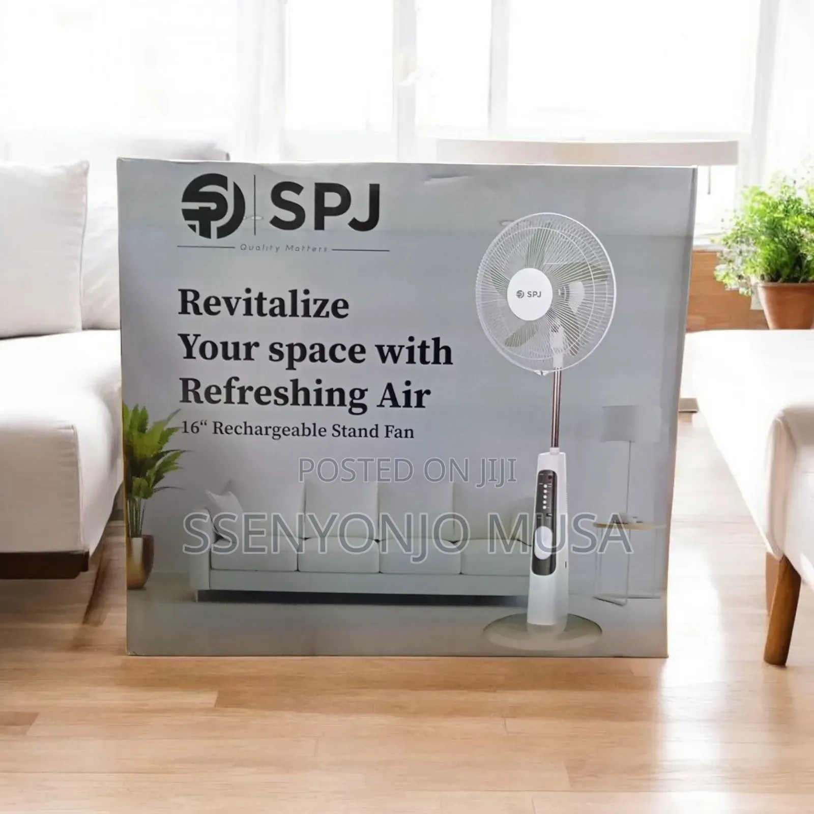 SPJ 16-Inch Rechargeable Stand Fan – 35w Energy Efficient, Remote.