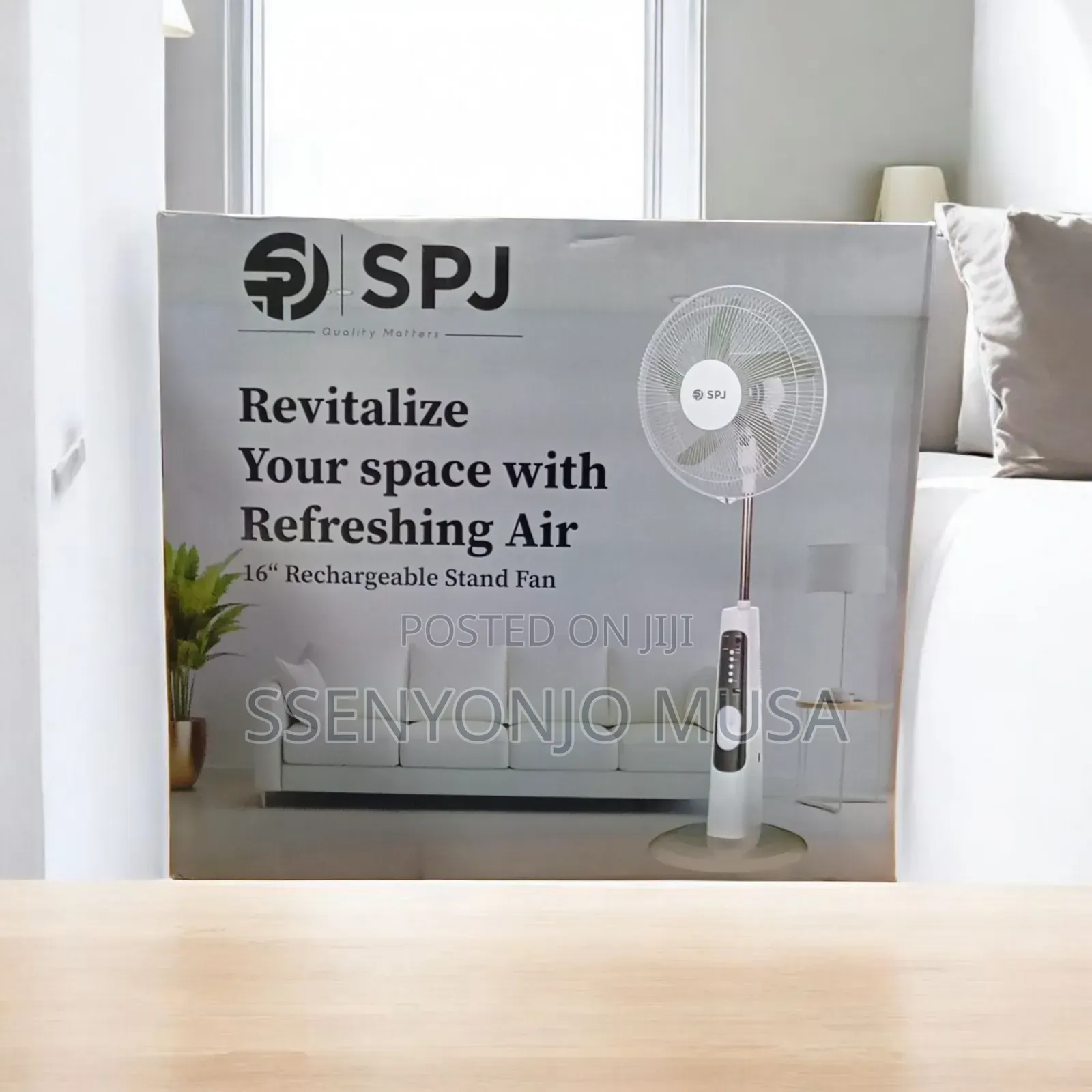 SPJ 16-Inch Rechargeable Stand Fan – 35w Energy Efficient, Remote.