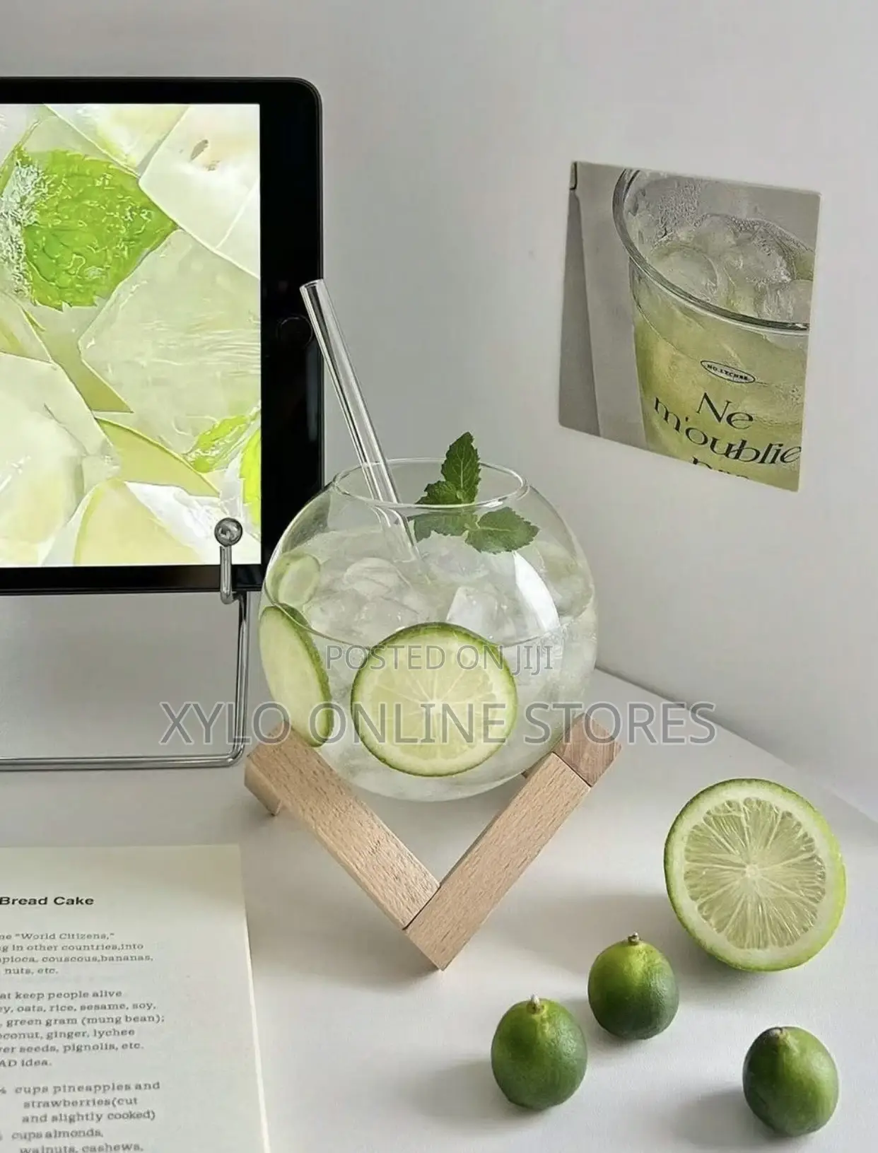 Cocktail Glass Cup With Wooden Stand and Straw