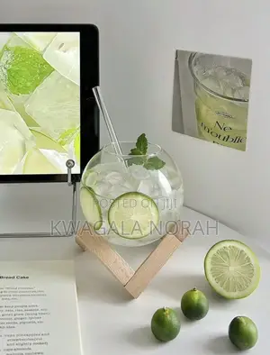 Cocktail Glass Cup With Wooden Stand and Straw