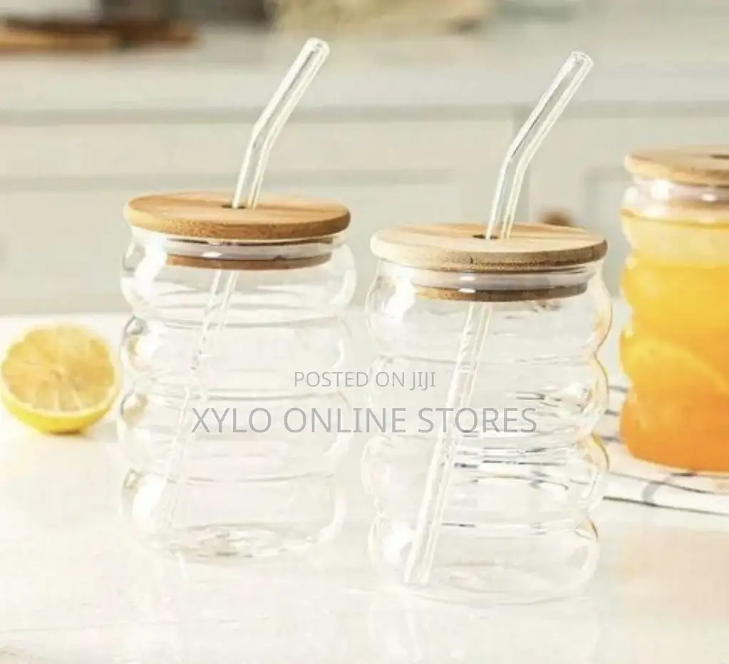 Bubble Drinking Tumbler Glass With Wooden Lid and Glass Straw