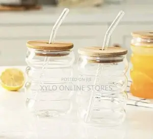 Bubble Drinking Tumbler Glass With Wooden Lid and Glass Straw
