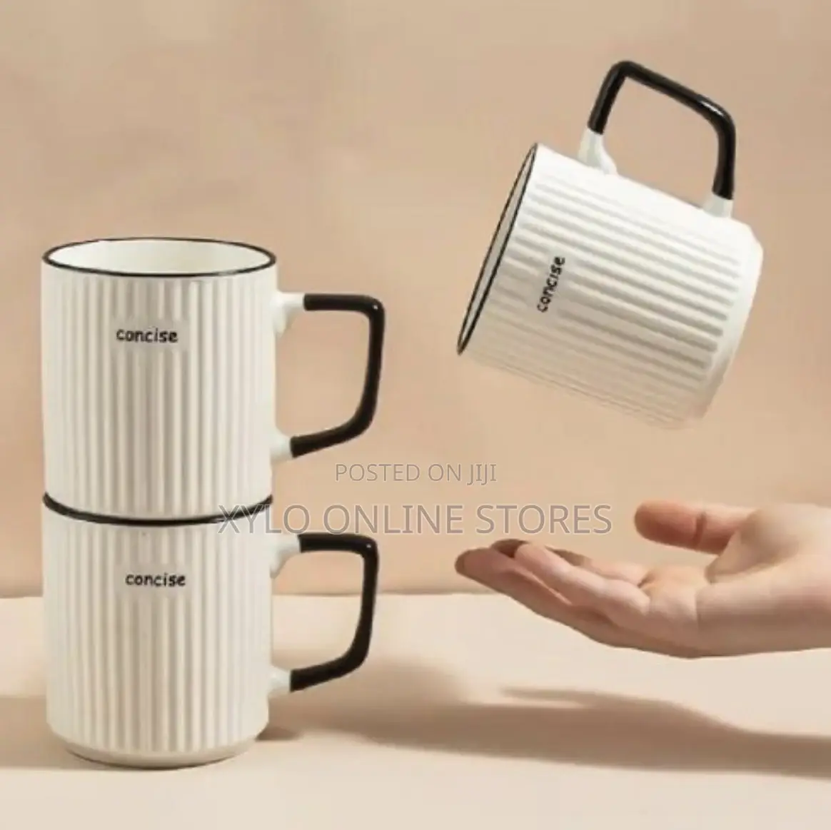A Dozen Of Beautiful Ceramic White Mugs With A Black Ring