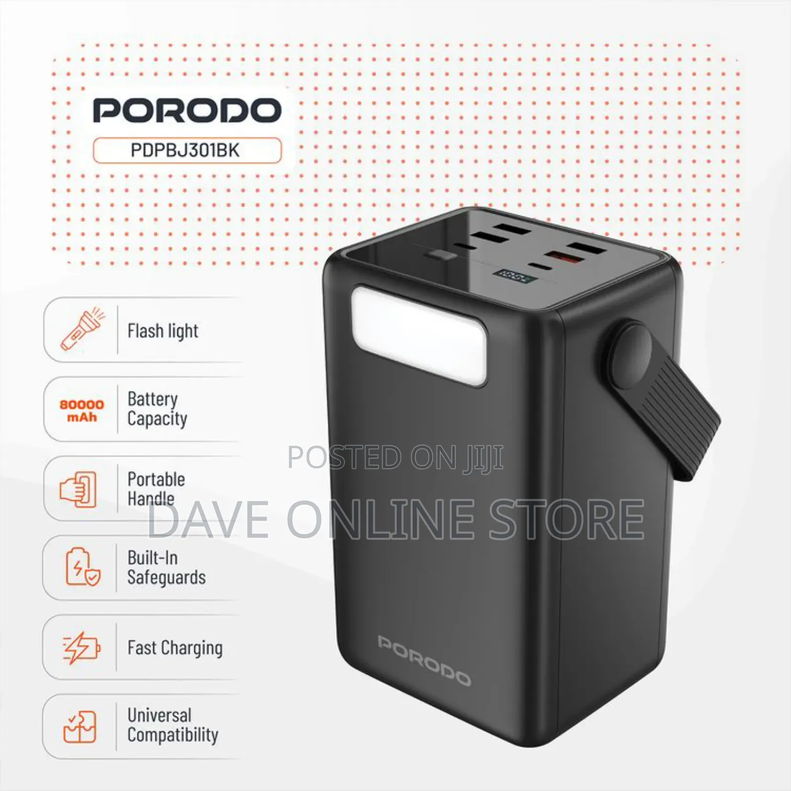 Porodo Lara 80000mah Power Bank With Flashlight,Portable Handle,Pd 20w