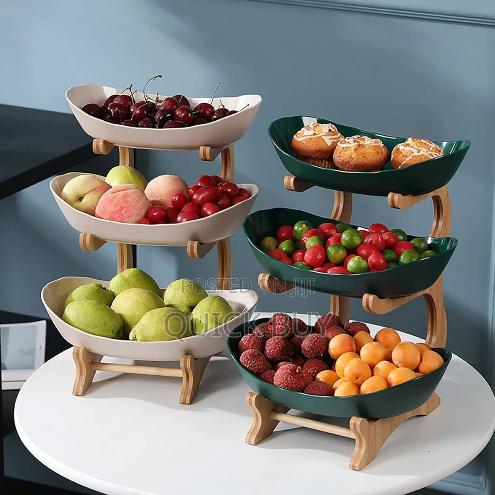 3 Tiers, Fruit Basket Stand With Natural Bamboo Sta