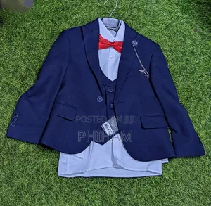 Kids Navy Blue Suit With Ared Bow Tie