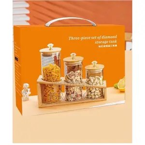 3-Piece Round Glass Food Storage Container With Bamboo Lid and Stand