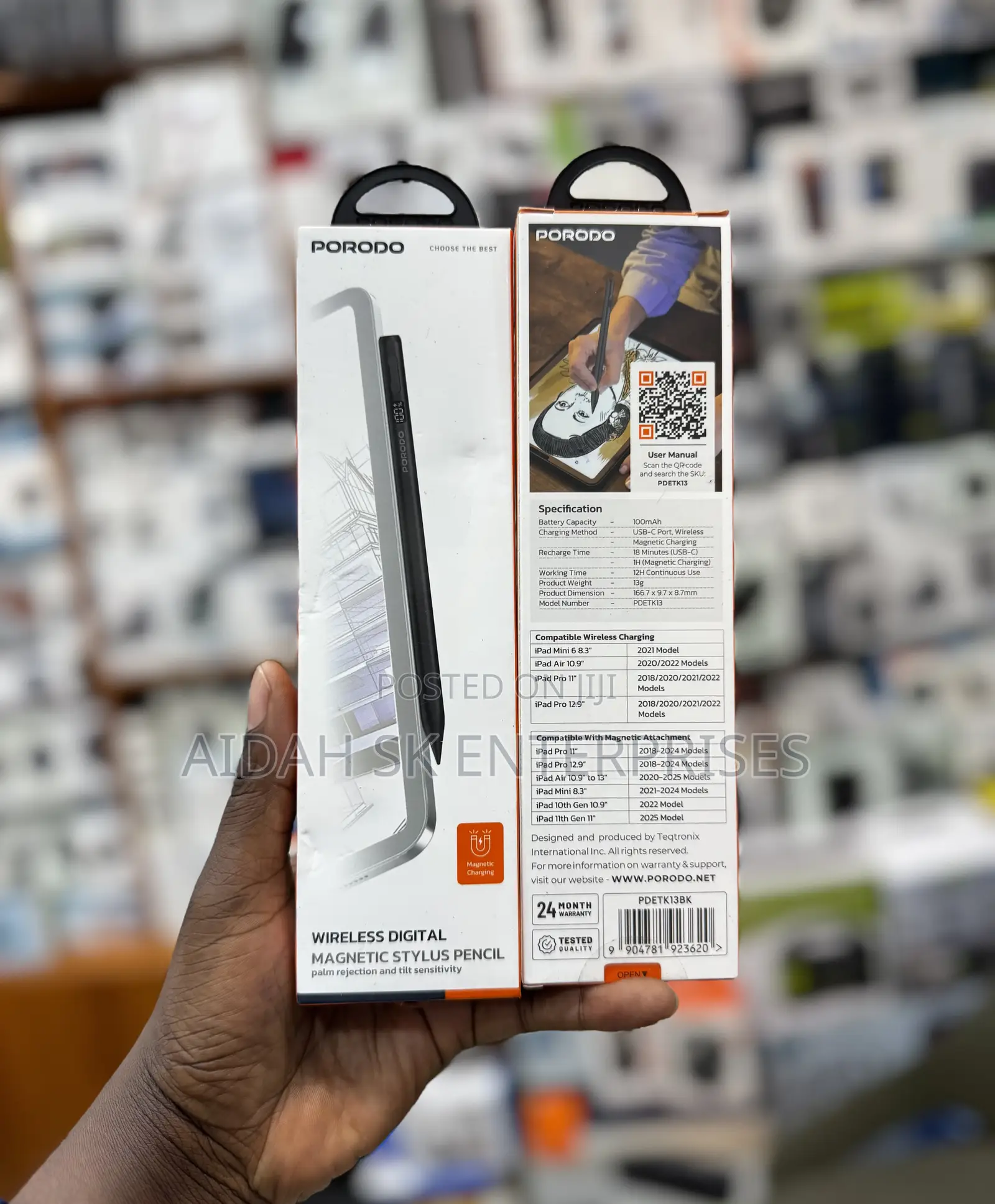 Porodo Magnetic Stylus Pen for Apple iPad 2018-2025 in Black,