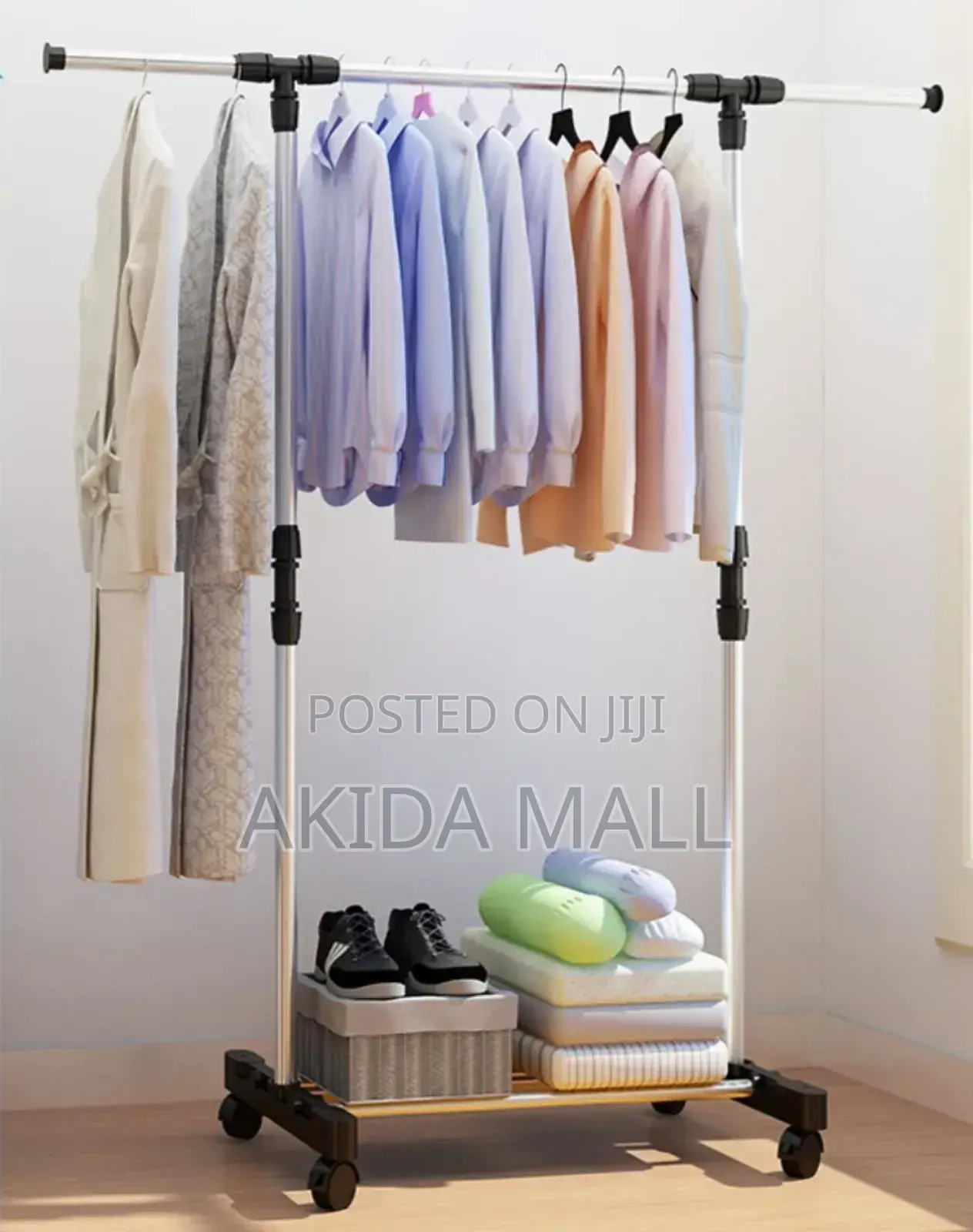 Portable,Adjustable,Single-pole Rolling Garment Rack With Bottom Shelf