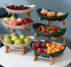 3 Tiers, Fruit Basket Stand With Natural Bamboo Stand