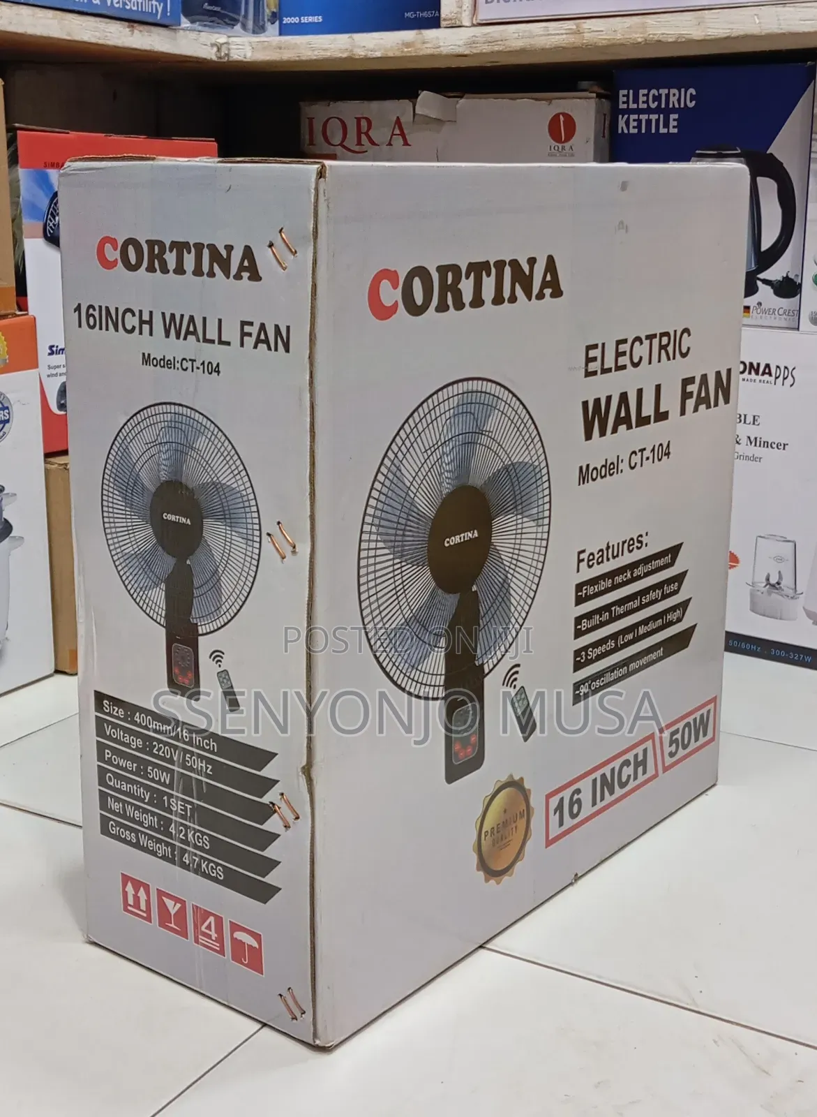 Cortina Electric Wall Fan – 16-Inch, 50w, 3-Speed, 90° Oscillation