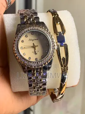 Elegant Women's Two-Tone Watch and Bracelet Set With Rhinestones