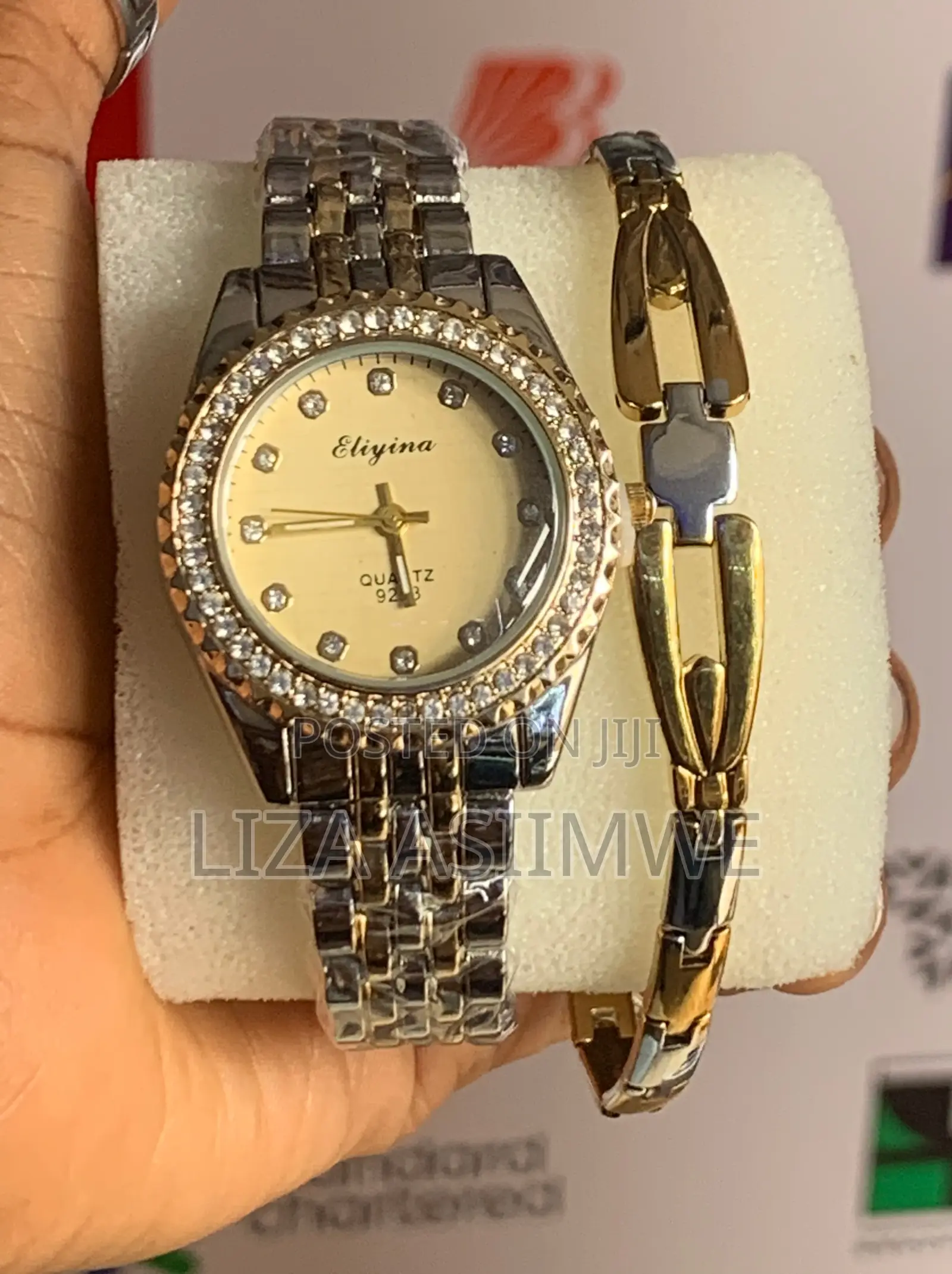 Elegant Women's Two-Tone Watch and Bracelet Set With Rhinestones