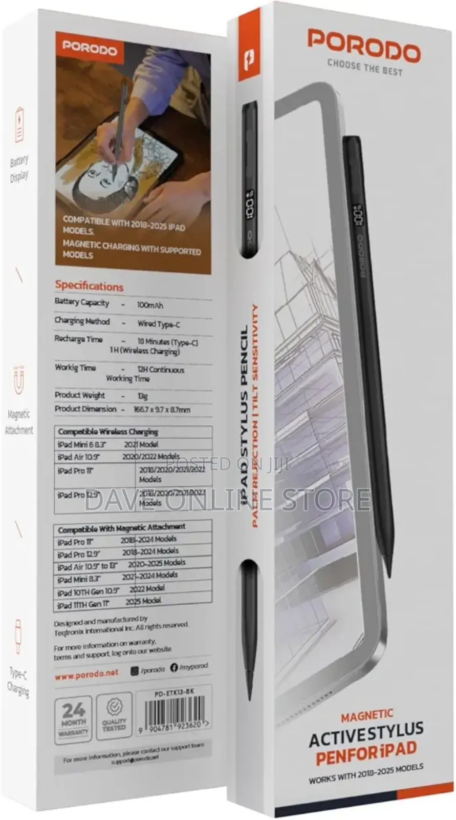 Porodo Magnetic Stylus Pen for Apple iPad (2018-2025) in Black, .