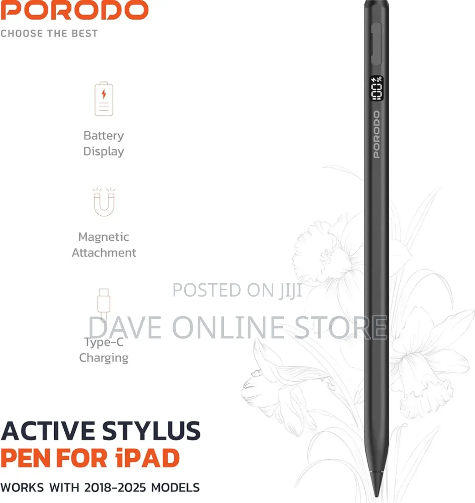 Porodo Magnetic Stylus Pen for Apple iPad (2018-2025) in Black, .