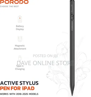 Porodo Magnetic Stylus Pen for Apple iPad (2018-2025) in Black, .