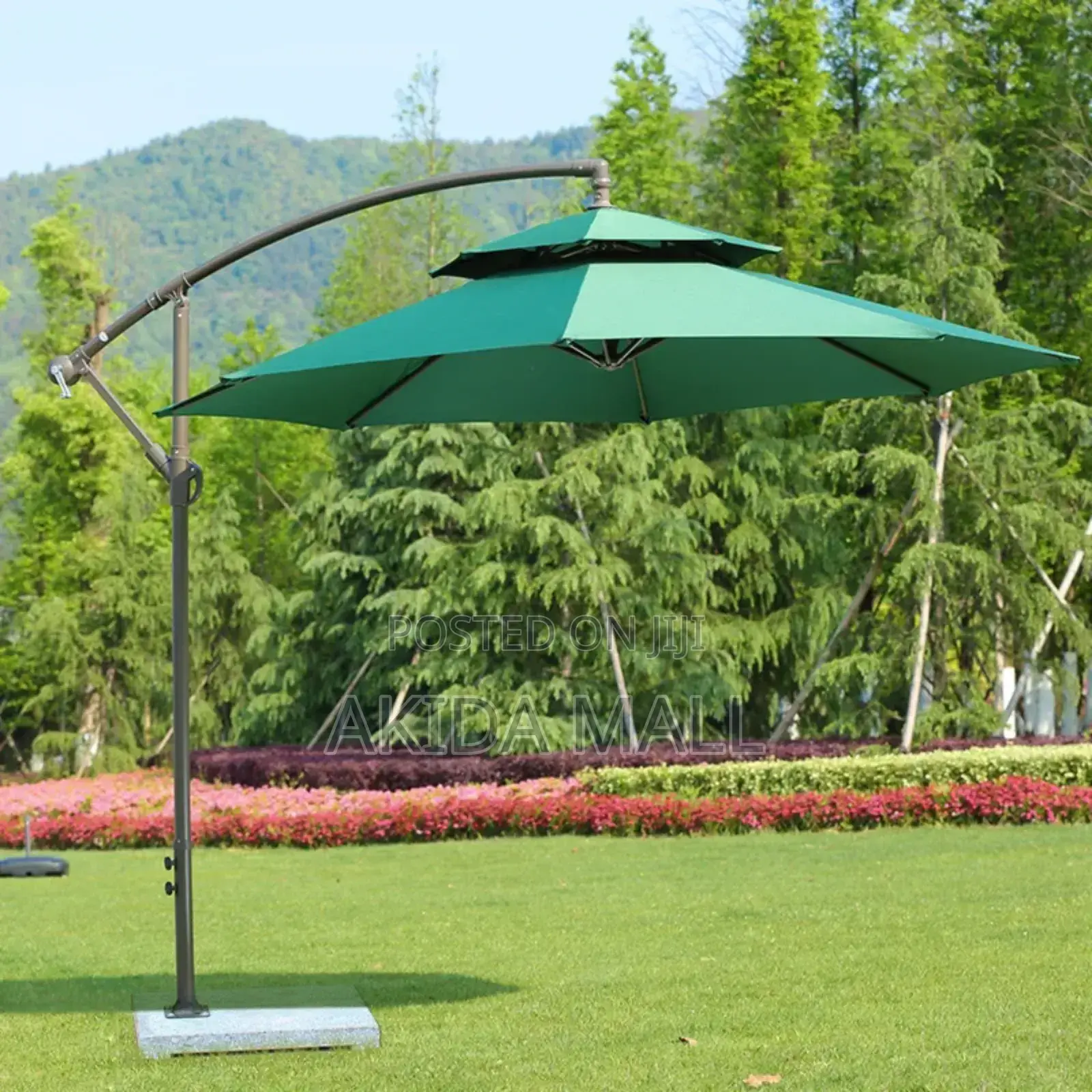 Cantilever Patio Umbrella With Double-Tier Canopy and an Offset Base.