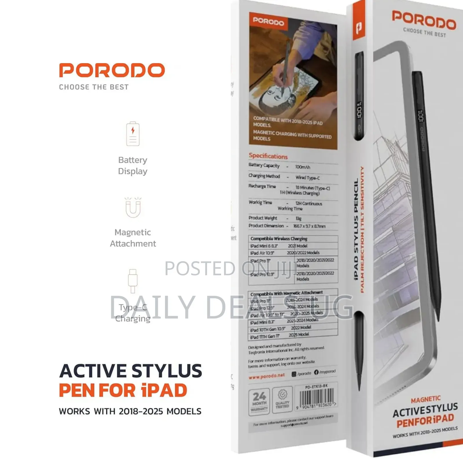 Porodo Magnetic Stylus Pen for Apple iPad (2018-2025) in Black, Pencil