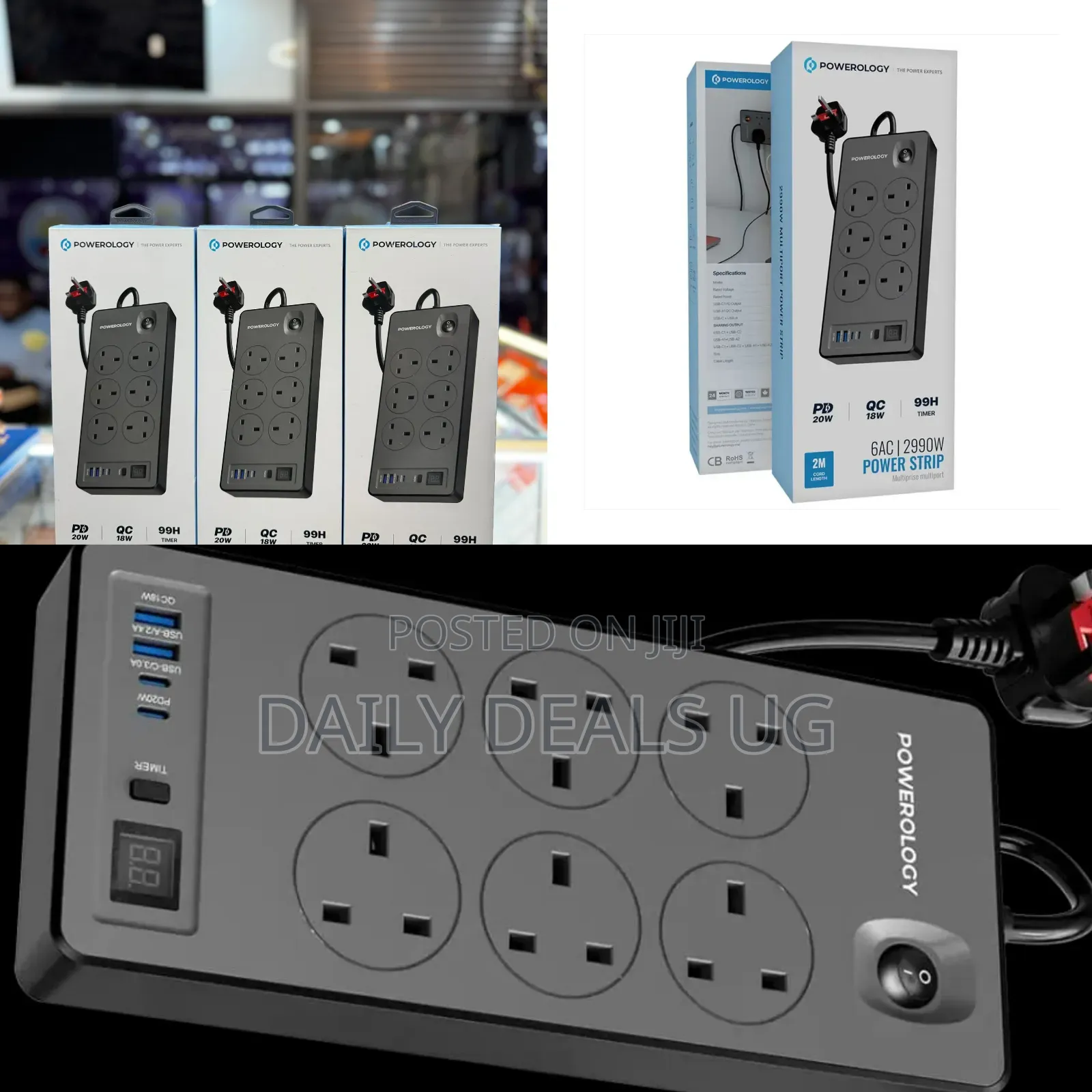 Powerology 6ac 2990w Power Strip Pd 20w - Black