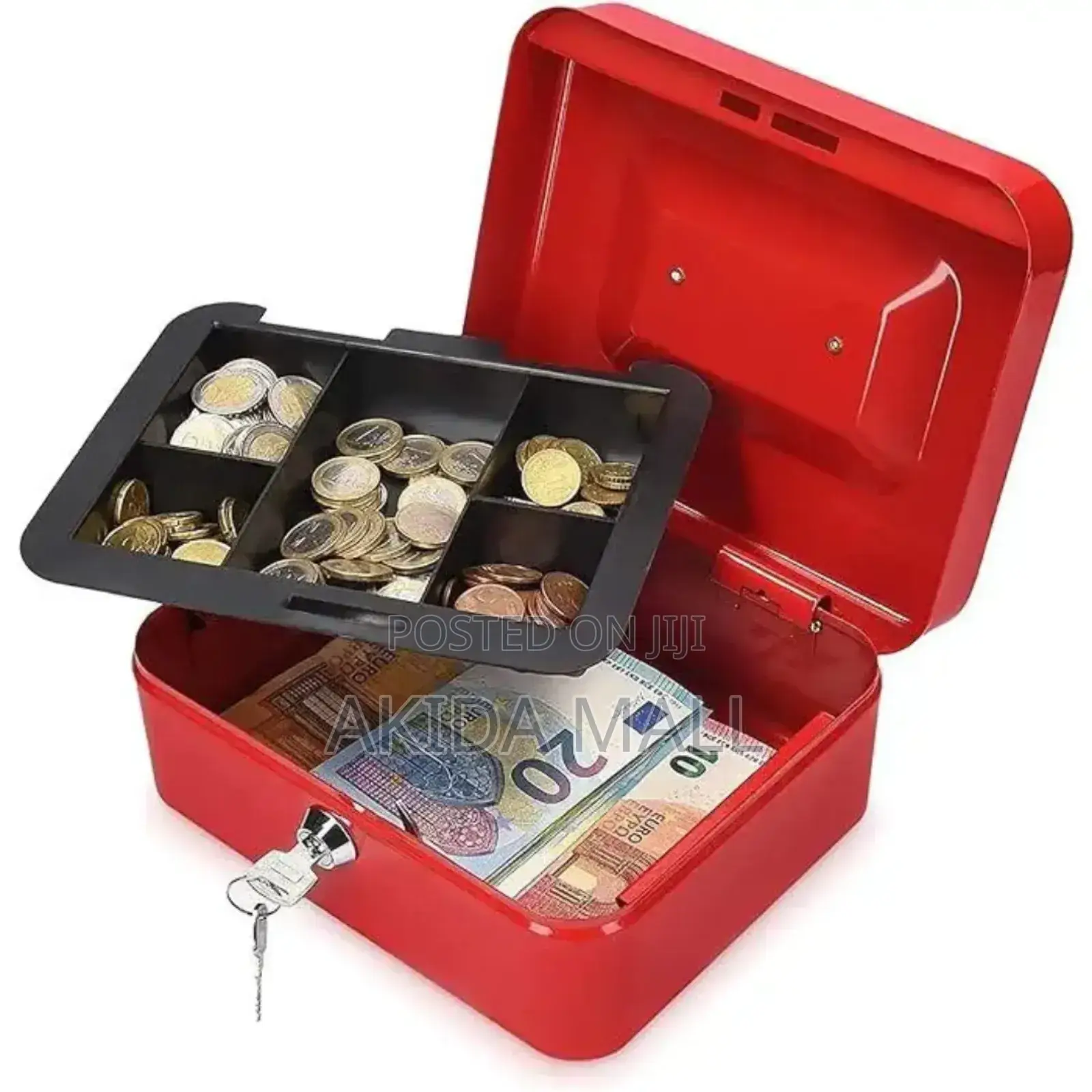 Lockable Metal Cash Box With A Cantilever Money Tray.