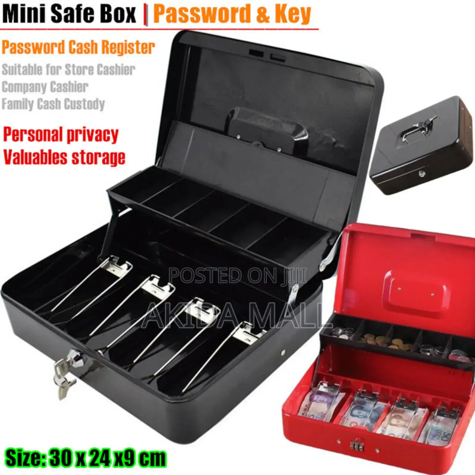Lockable Metal Cash Box With A Cantilever Money Tray.