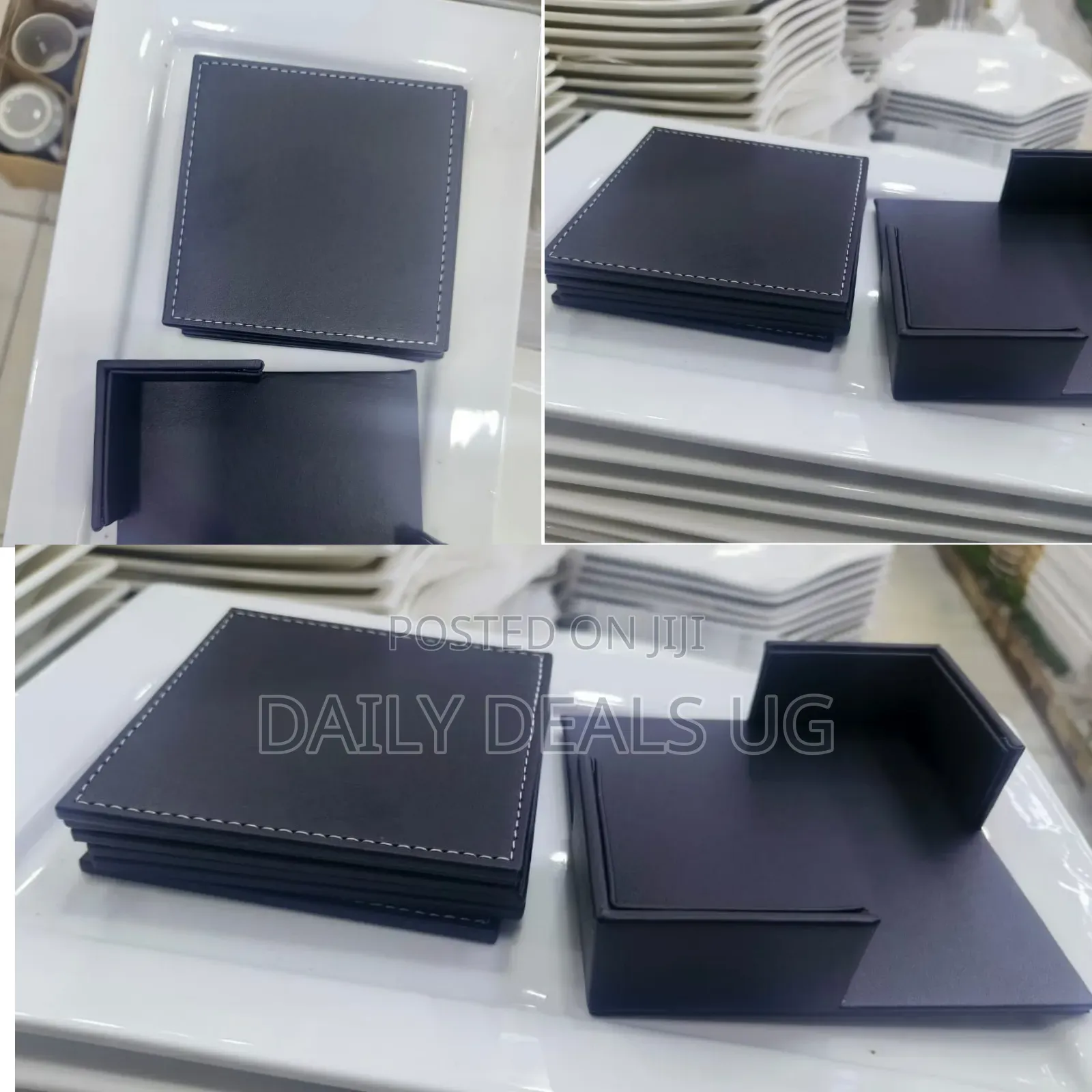 A Set of Square Black Pu Leather Drink Coasters With White Stitching