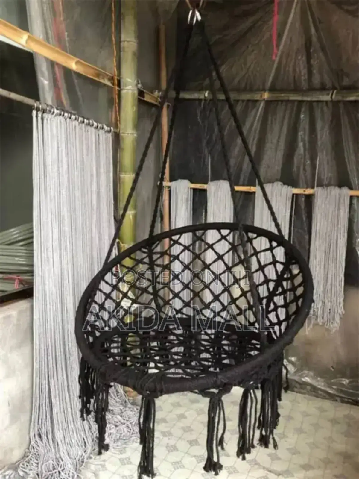 Black Macrame Hanging Chair Hammock Made From Thick Cotton Rope